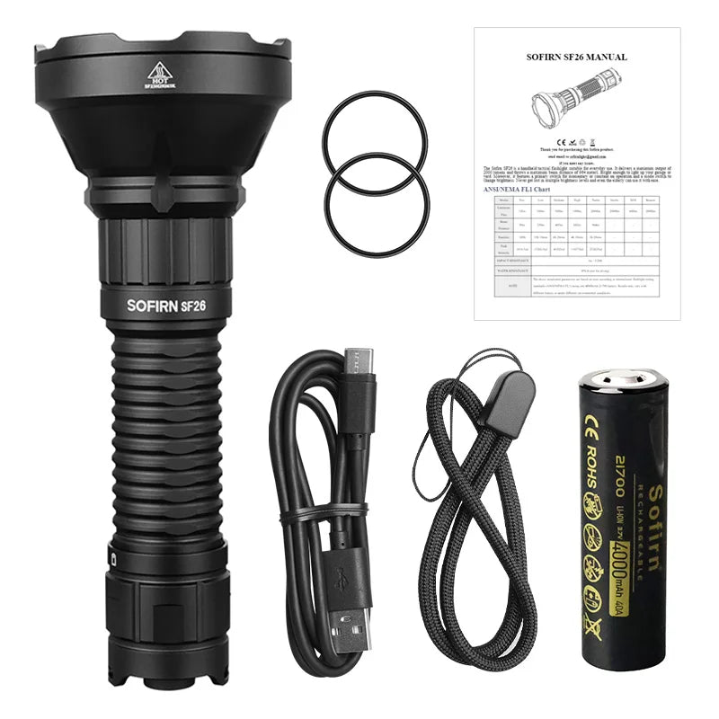 2000lm SFT40 LED 6000K Tactical Flashlight, Type-C Rechargeable, Powerful 21700 Torch EDC Flashlight