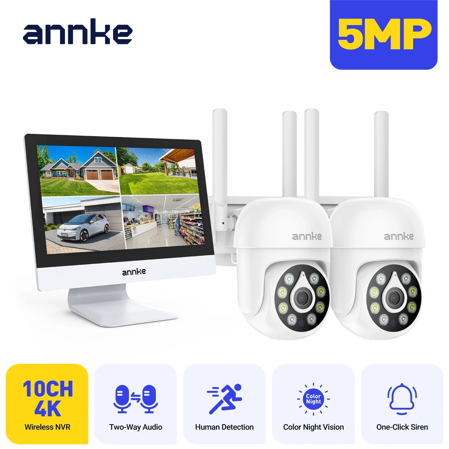 5MP Wifi surveillance camera, 12 inch LCD 2.4G / 5.8G PTZ wifi security cameras PIR color night vision Outdoor wifi camera