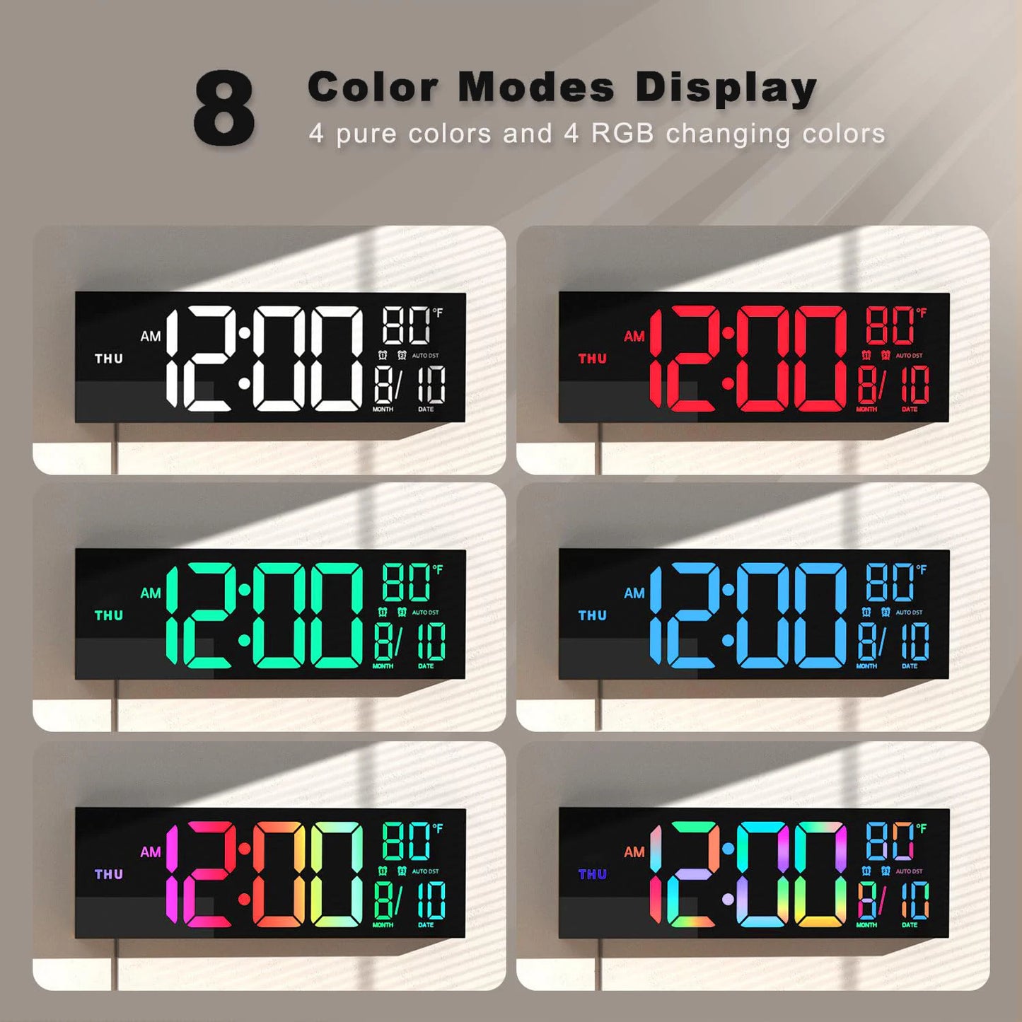 16" Large Digital Wall Clock, Big LED Display with Remote, 8 RGB Color, Alarm, Temperature