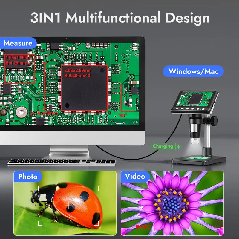 4.3'' Digital Microscope, 1080P Video Microscope for Soldering, Hobby With 8 LEDs , PC View