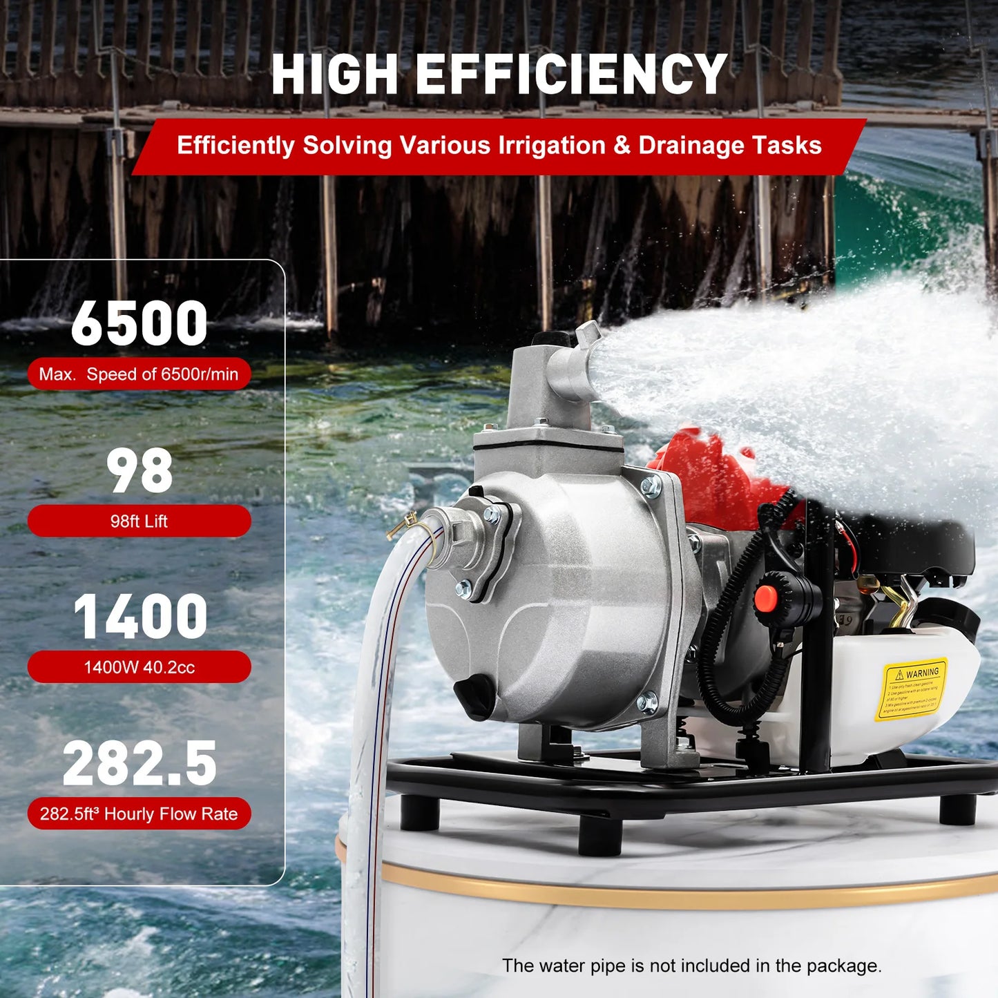 Gasoline Water Pump 2-Stroke Portable Gasoline Engine, Powerful Water Transfer Pump 26.25ft Suction