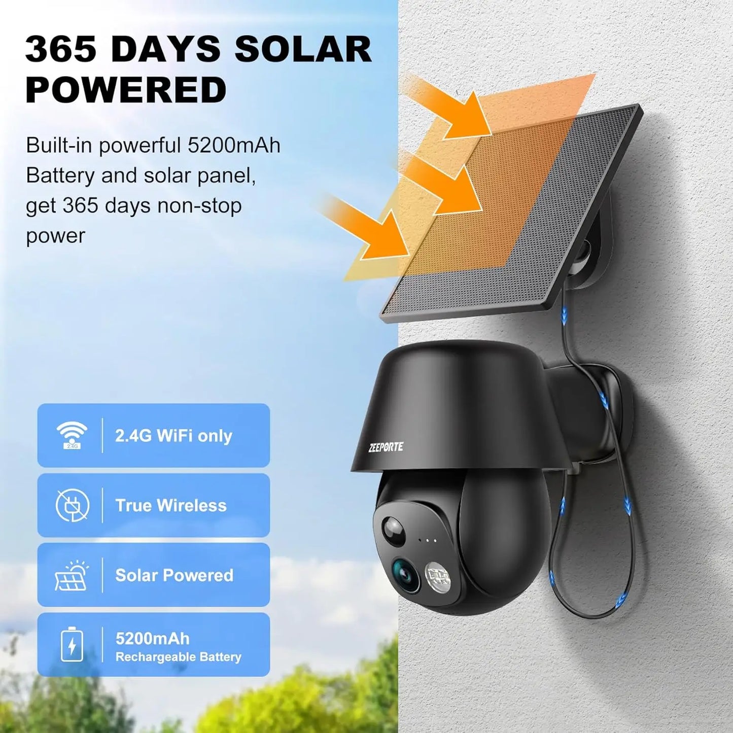 Wireless Outdoor Solar Security Camera with 2K Pan/Tilt, AI Motion Detection, Spotlight, Two-Way Audio, and IP65 Waterproof