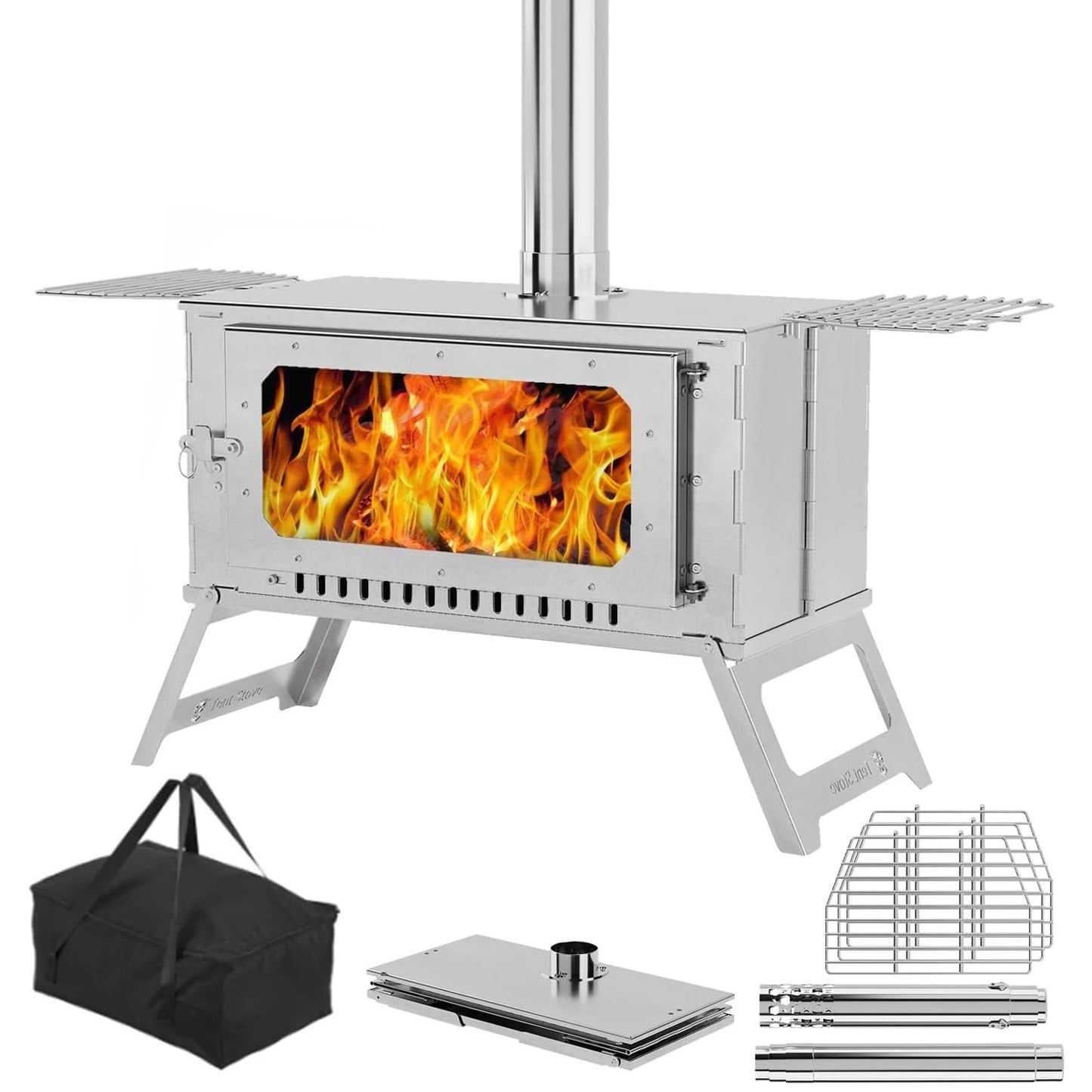 Hot Stove, Wood Burning Stove, Portable Stainless Wood Stove with Cooking Grill for Outdoor Camping Cooking and Heating