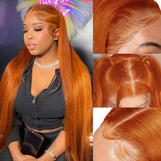 34 Inch Orange Ginger Lace Front Wig, Human Hair For Women Straight 13x4 13x6 Lace Frontal Wig 350 Colored Pre Plucked Peruvian