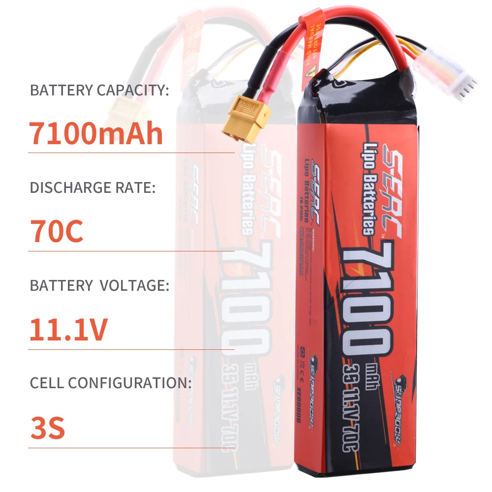 3S Lipo Battery 11.1V XT60 Plug 7100mAh 70C Soft Pack for RC