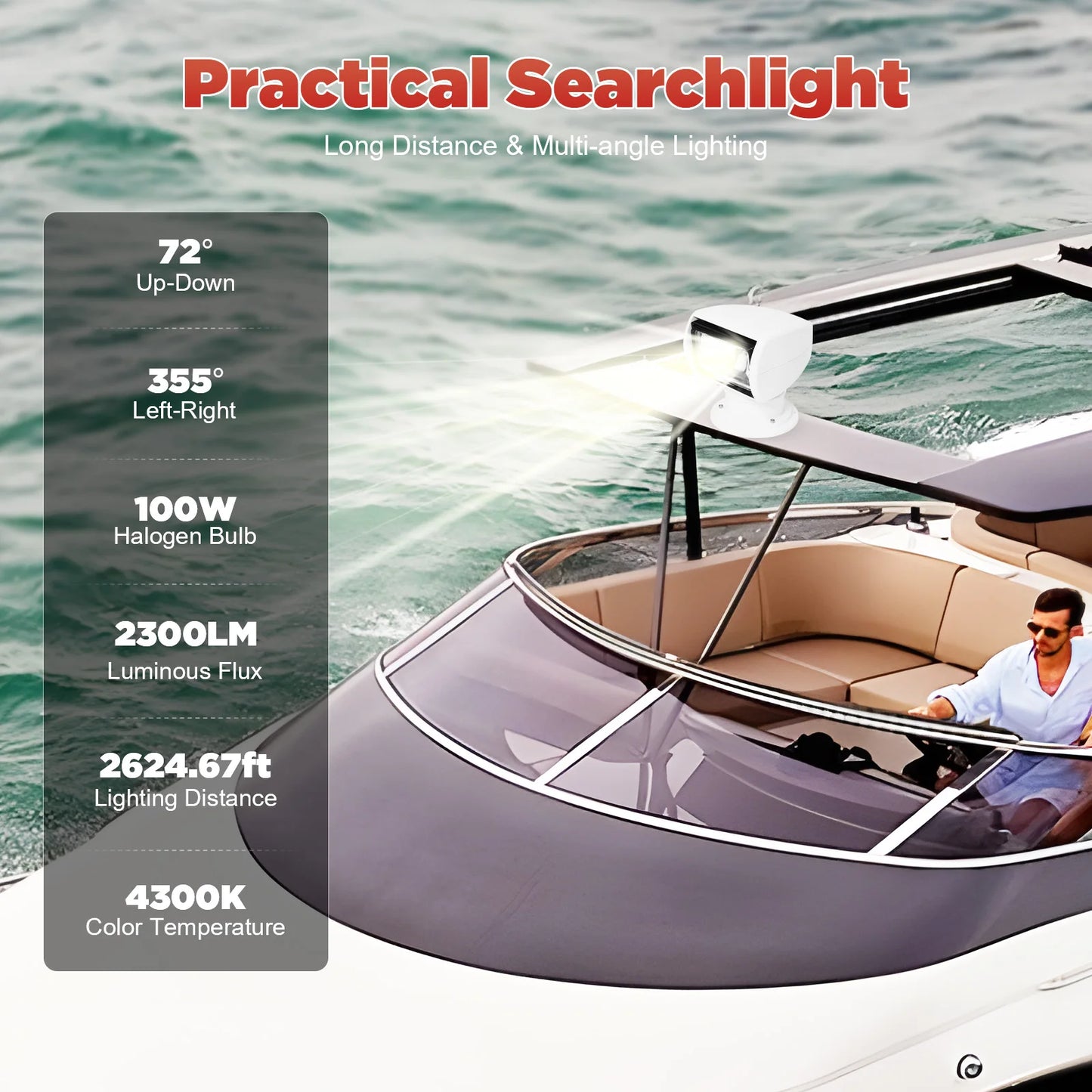 Marine Spot Light, Boat Searchlight Remote Control 12V 100W Waterproof, White, 360° Rotatable for Boat