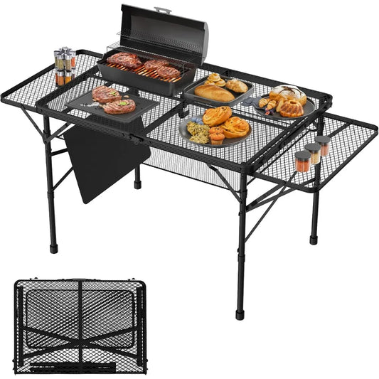 Folding Table with 2 Wing Panels, 3x2 FT Camping Table with Mesh Top ,Height Adjustable Folding Grill Table