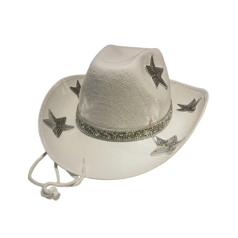 Women Glitter Cowboy Hat with Sequin Stars and Wide Brim