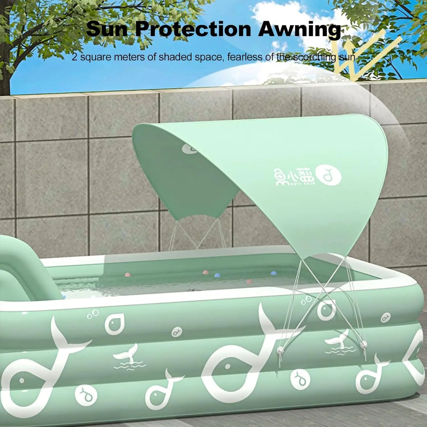 Shaded Summer Swimming Pool. The Outdoor Inflatable Swimming Pool has a Built-in Slide. Above Ground Swimming Pools for Children