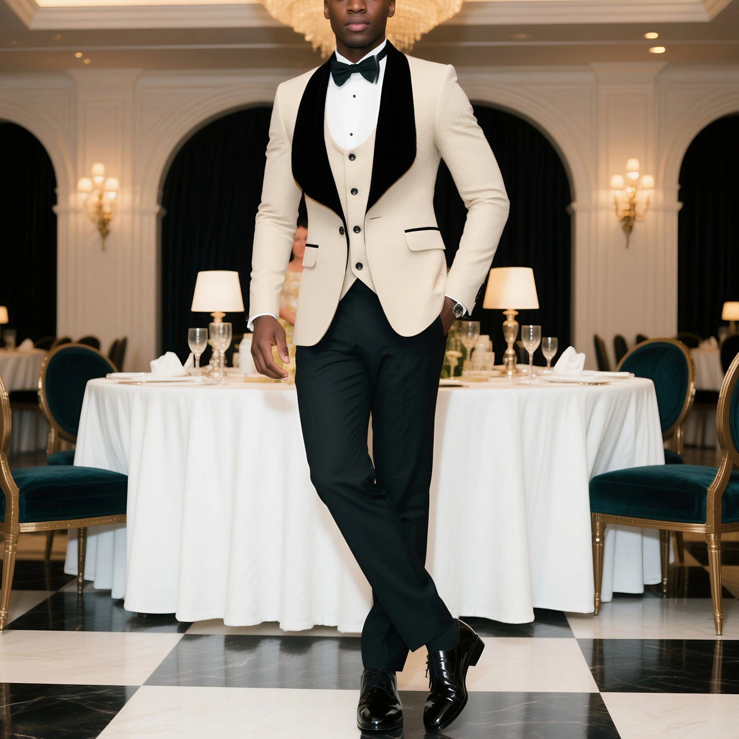 Mens 3 Piece Tuxedo,  Slim Suit Set, Paisley Blazer Vest and Pants