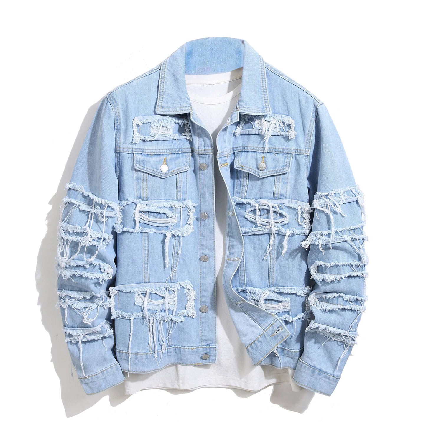 Men's Destroyed Jeans Jacket With Patchwork  Ripped Denim