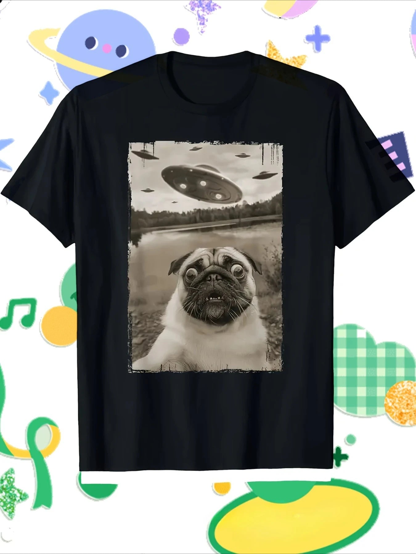 Casual Short Sleeve T-Shirt with Funny Pug Dog & UFO Graphic Print - Black Summer Tee Regular Fit Round Neck