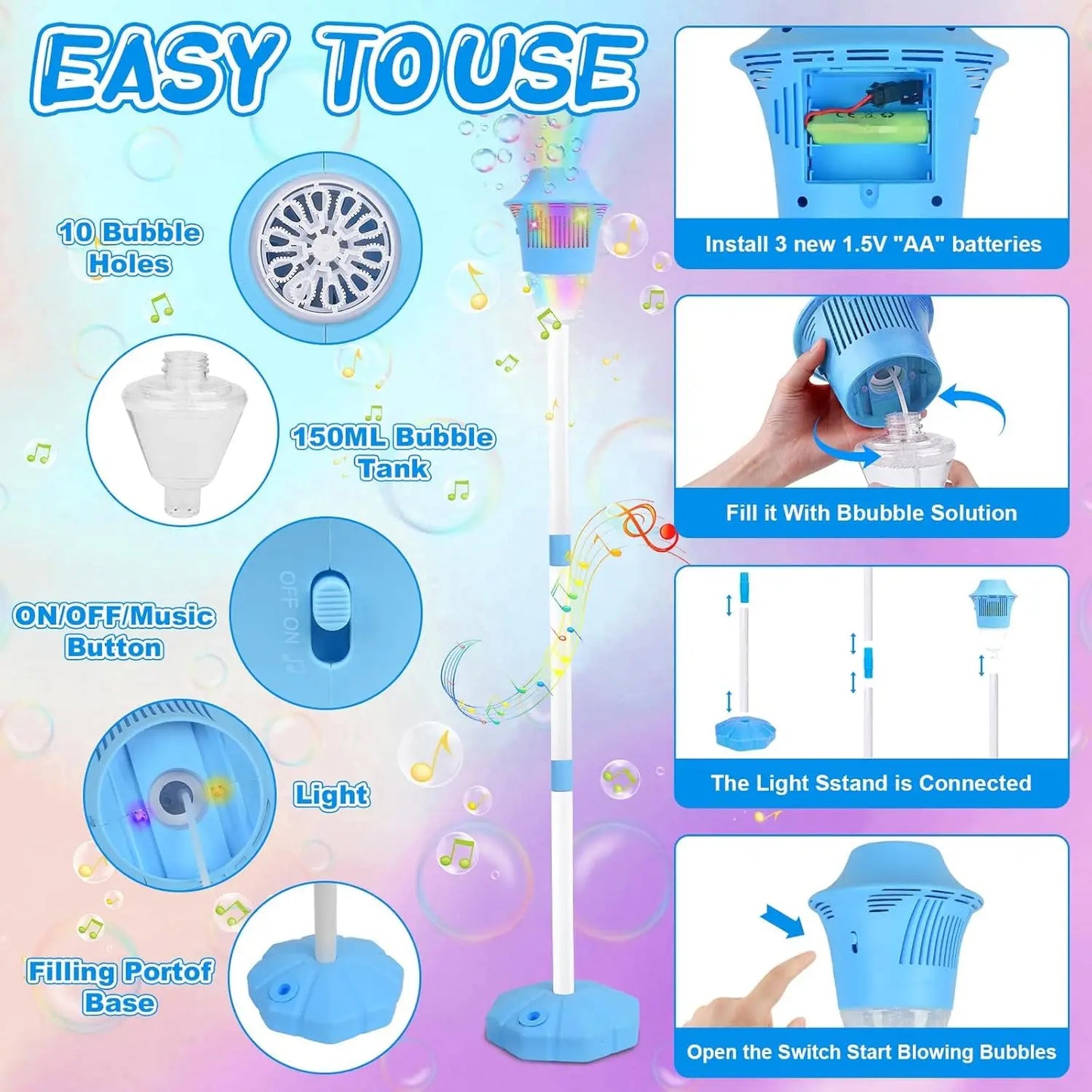 Adjustable Height Magical Bubble Torch Lamp Rechargeable Automatic Endless Bubble Fun for All