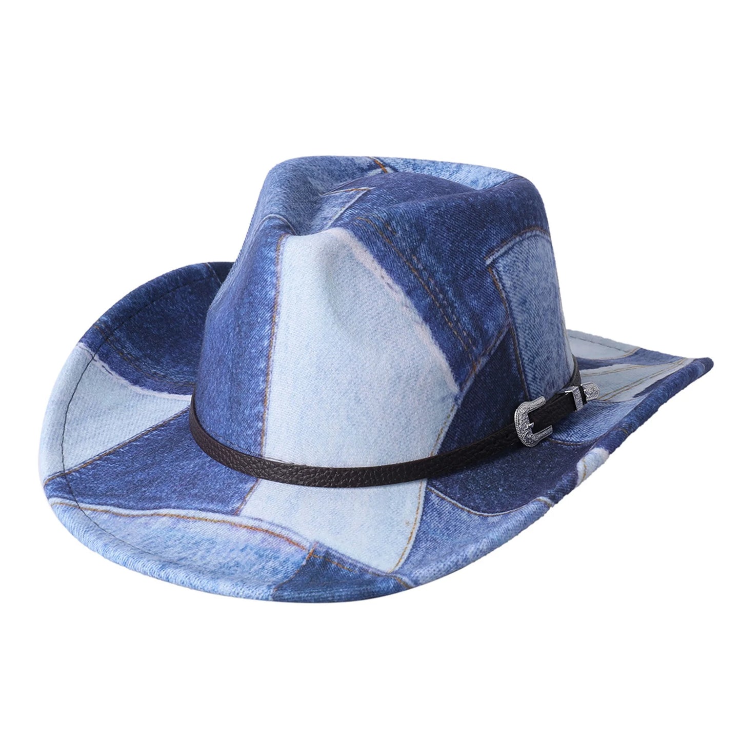 Vintage Style Distressed Denim Cowboy Hat with Ornate Concho Detail Unisex Rodeo Cap