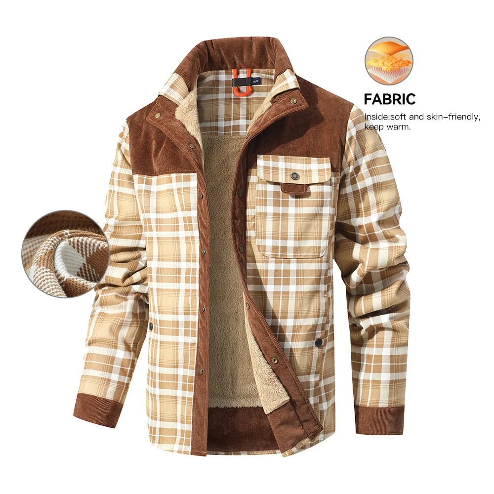 Men's Jacket Windproof Warm Casual Bomber Coat Plaid Sherpa Lined Flannel