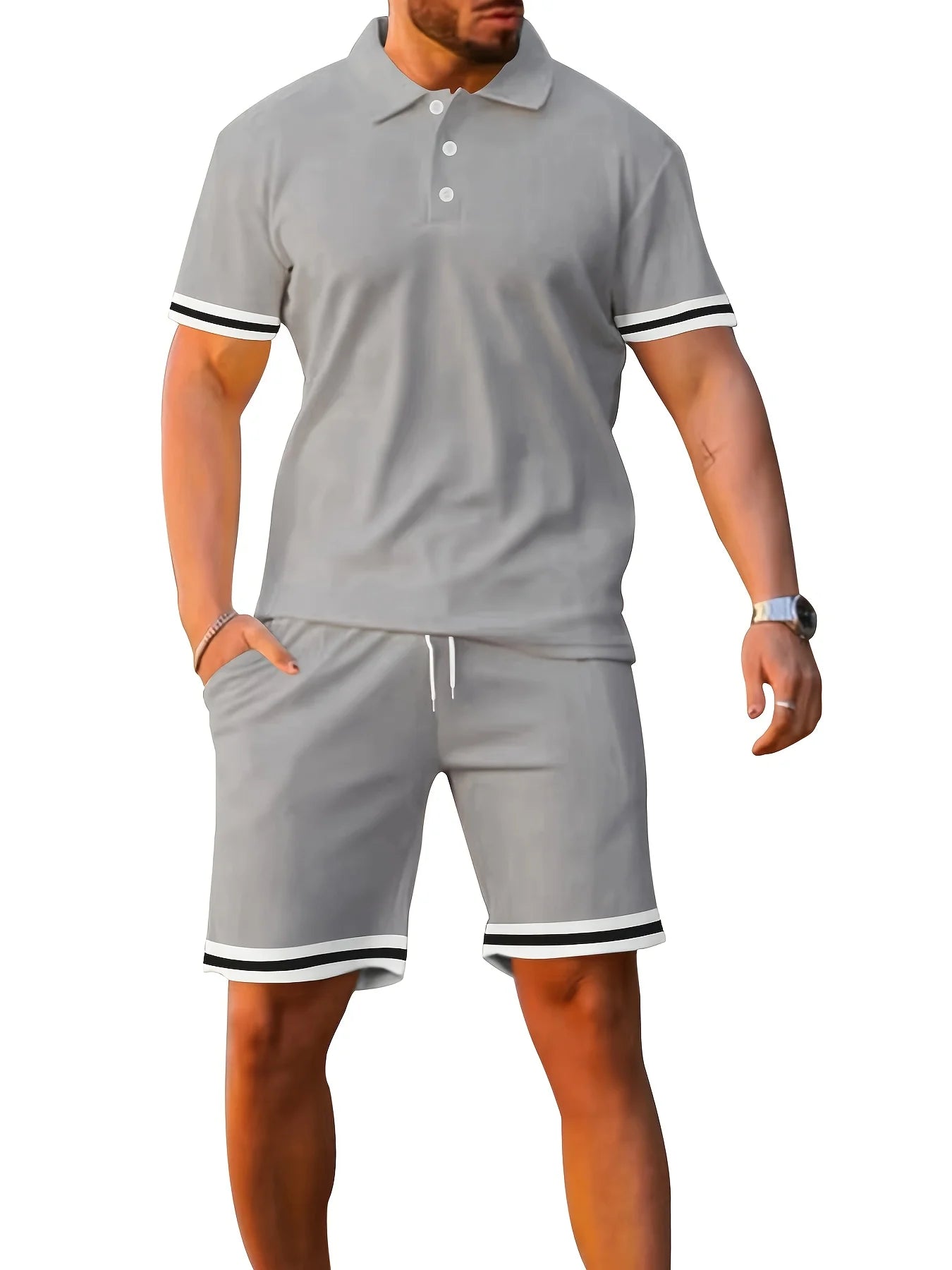 Men's Summer Short Sleeve Polo Shirt and Shorts, Two-Piece Set