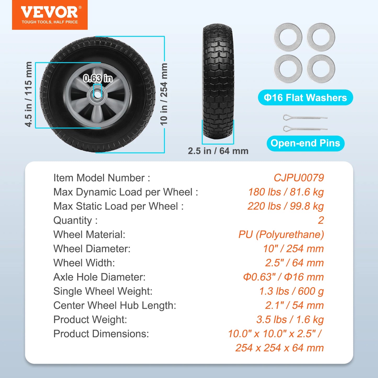 2-Pack Solid PU Run-Flat Tire  and Wheel, 10" Flat Free Tubeless Tires and Wheels for Dollies Garden Trailers Various Carts