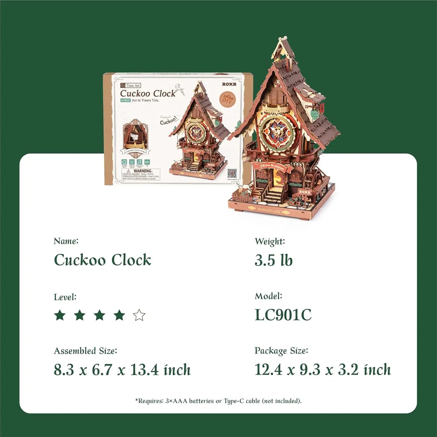3D Wooden Puzzle Cuckoo Clock Kit, Black Forest Style with Working Bird,  DIY Clock Model Kit for Kids Adults Model