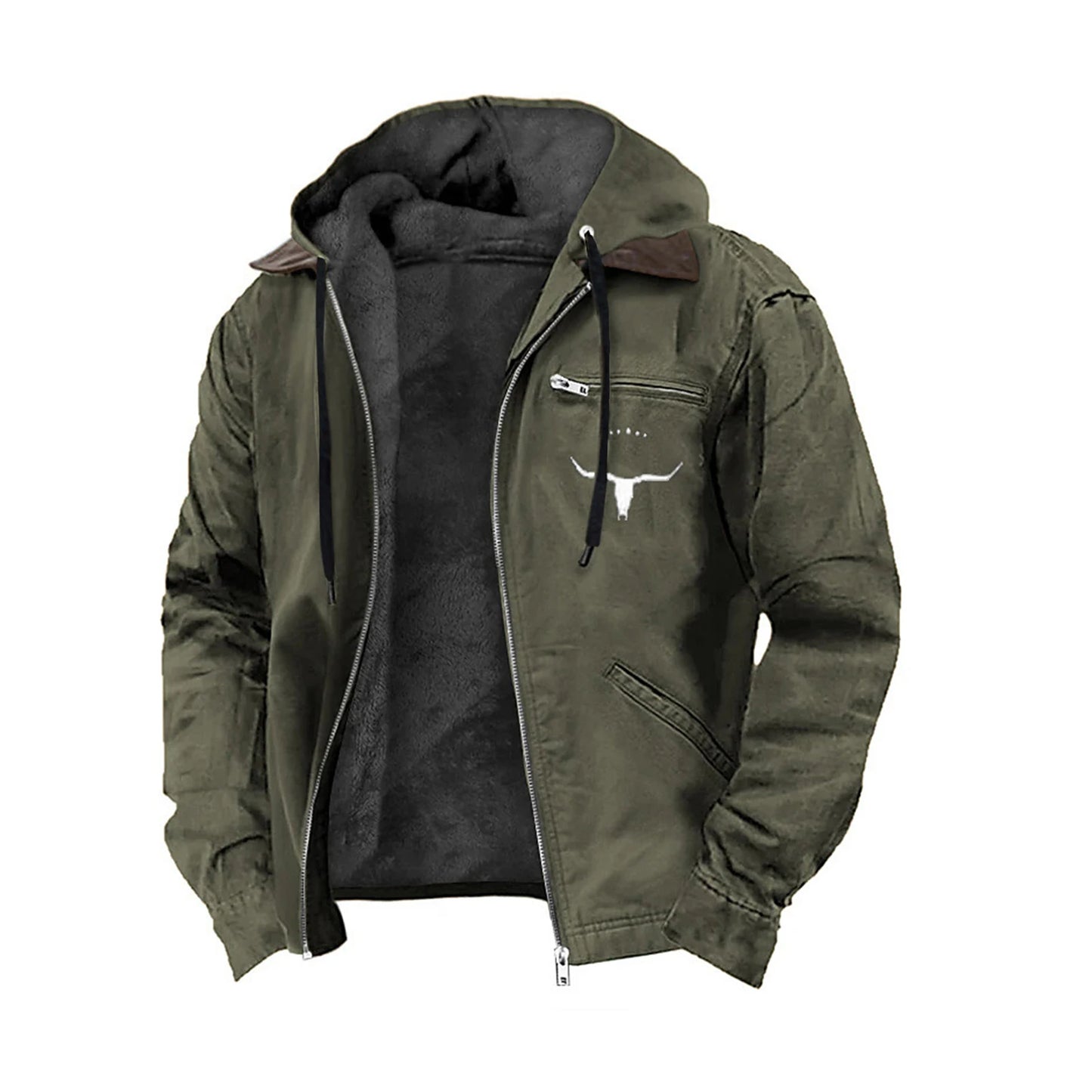 Men s Hooded Zip-Up Jacket with Bull Head Design Long Sleeves and Pockets - Stylish Outwear for Men