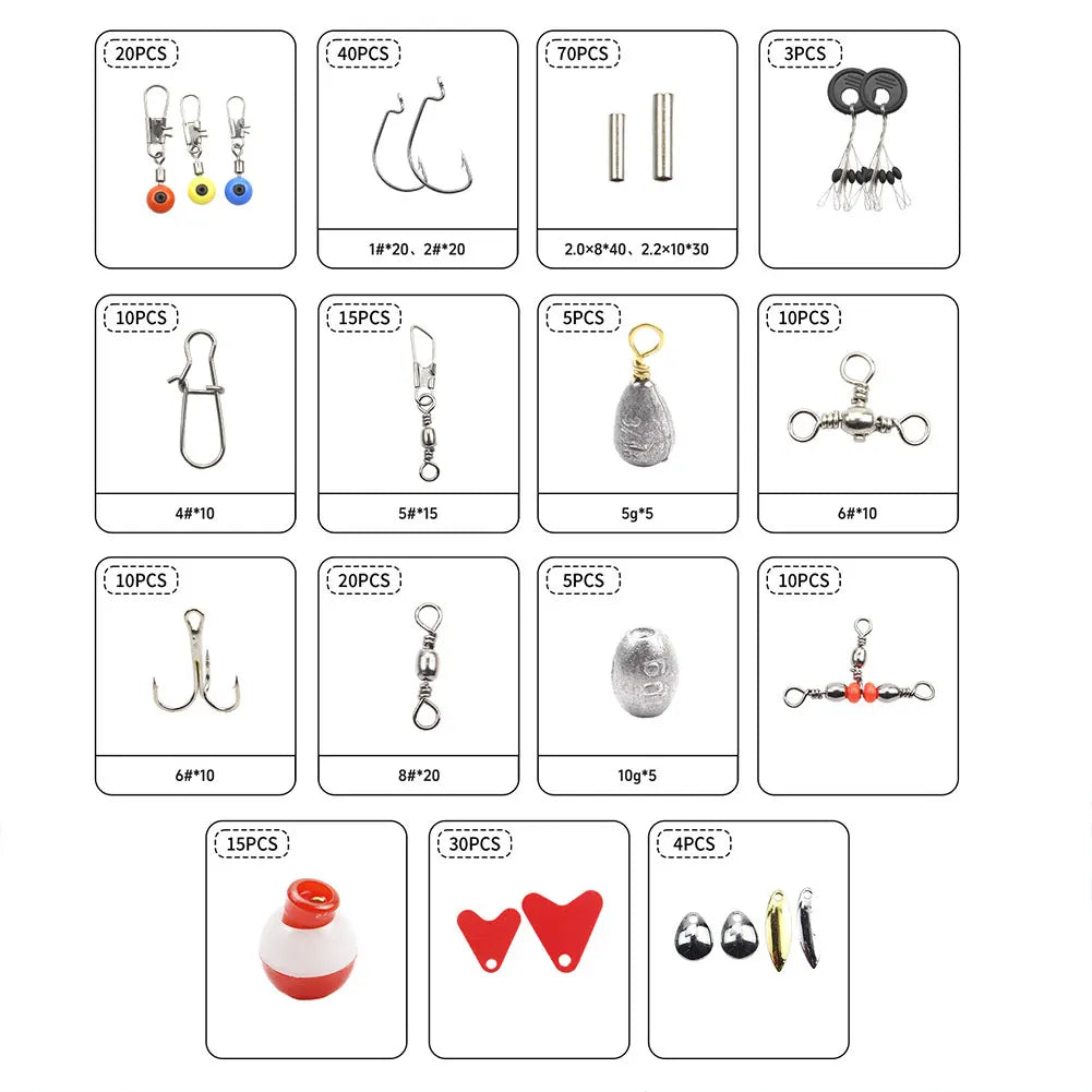 267pcs Fishing Accessories Kit Including Box, Fish Hooks, Bait Parts, Sinkers