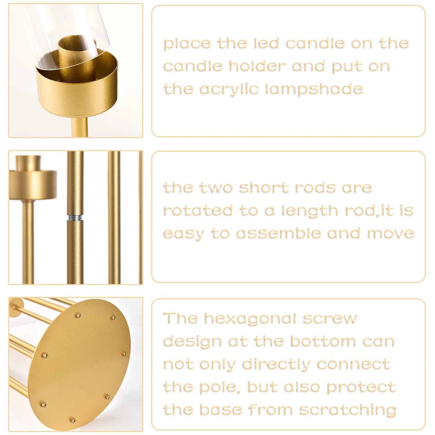 4 Sets, 7 Arms Floor Candelabra Wedding Centerpieces. Gold 48" Tall Metal Candlestick Holders with Acrylic Removable Lampshade
