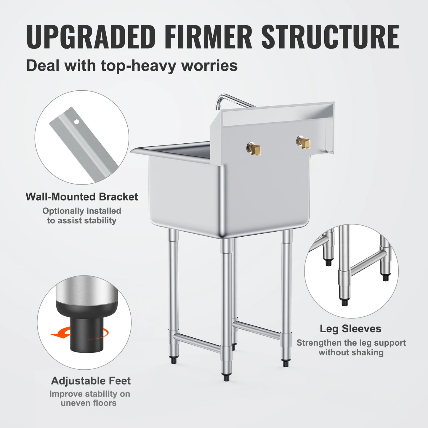 Stainless Steel Prep & Utility Sink, Free Standing Small Sink. Commercial Single Bowl Sinks for Garage Restaurant Kitchen