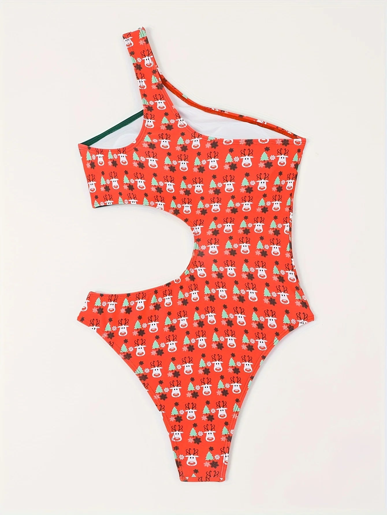 Women's one-piece swimming suit - asymmetrical shoulder design - Christmas-themed print