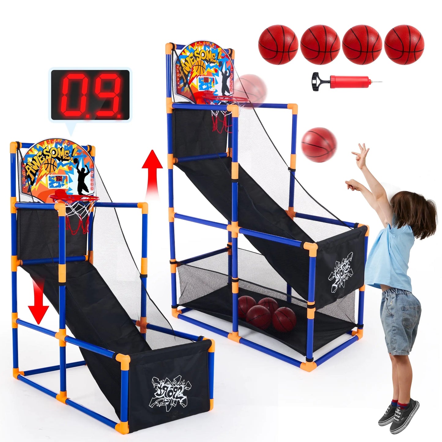 LED Scoring Arcade, Basketball Game with 4 Balls. Adjustable Height 44"-55"Basketball Stand Hoop Toy