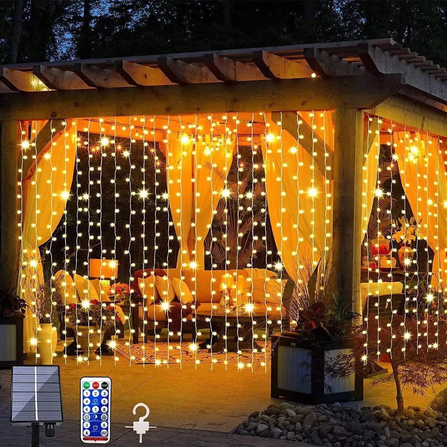 Solar Curtain Light Outdoor 300 LED 8 Modes Waterfall Fairy String Lights