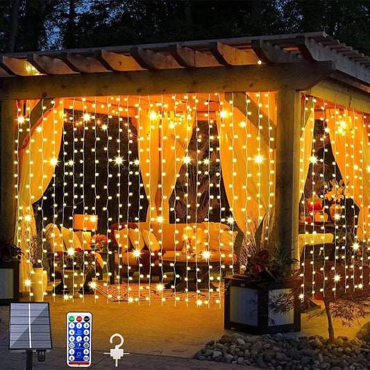 Solar Curtain Light Outdoor 300 LED 8 Modes Waterfall Fairy String Lights