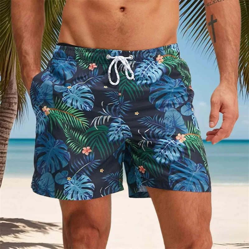 Men s Swim Trunks Quick Dry Beach Shorts with Drawstring Elastic Waistband Tropical Palm Leaf Print Swimwear for Summer