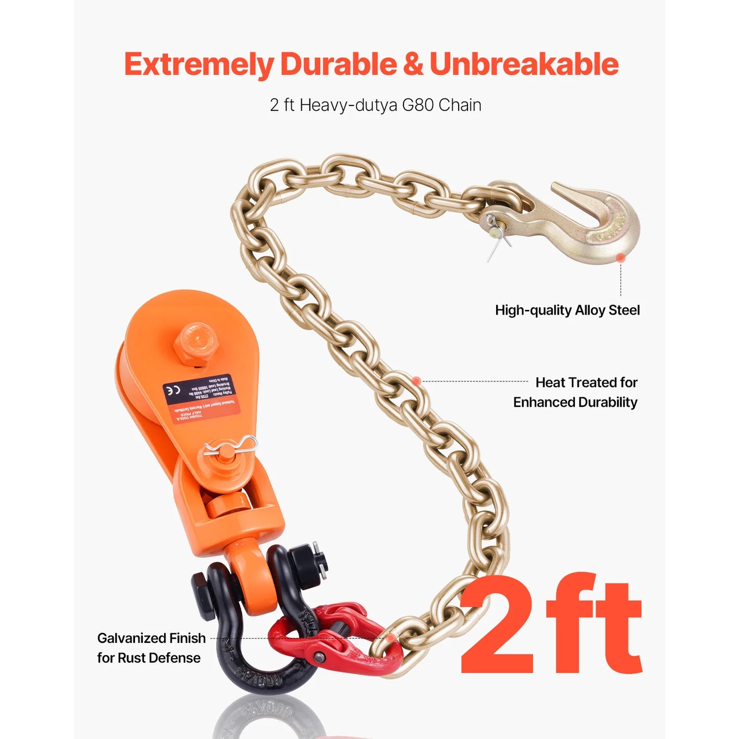 2T Snatch Block Pulley System with Chain & Swivel Shackle, 3" Sheave for 3/8" Rope. Towing, Recovery, Lifting