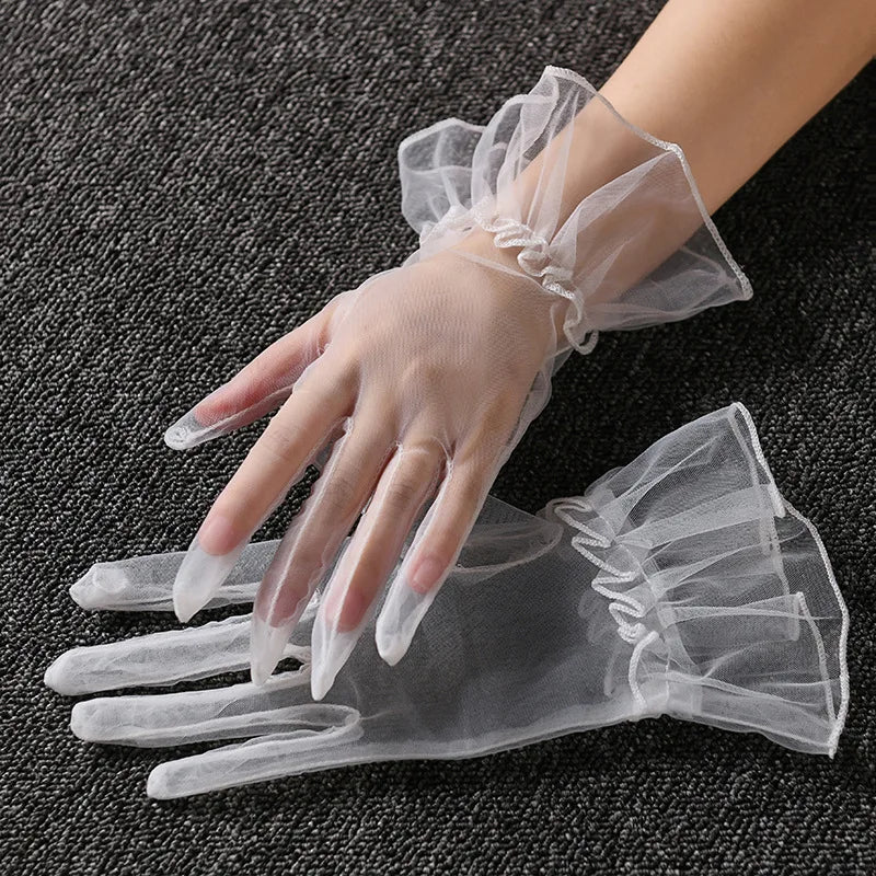 Women Short  Gloves, Summer Wedding White Black Elegant Gloves. Stretchy Lace Full Finger Mesh Transparent