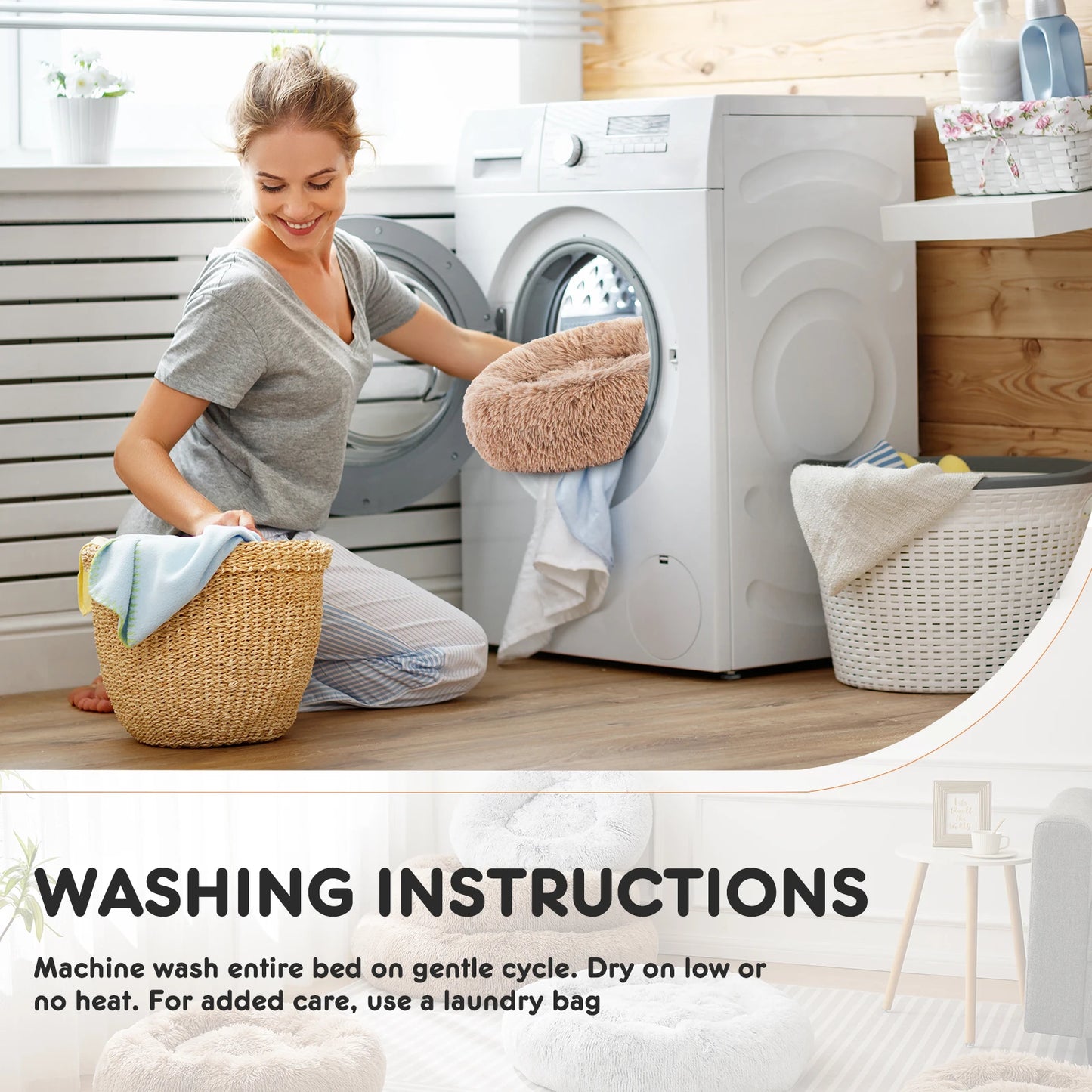 Calming Dog Bed for Medium to Large Dogs, Washable Large Pet Bed Anti-Slip Round Fluffy Plush Faux Fur Dog Bed