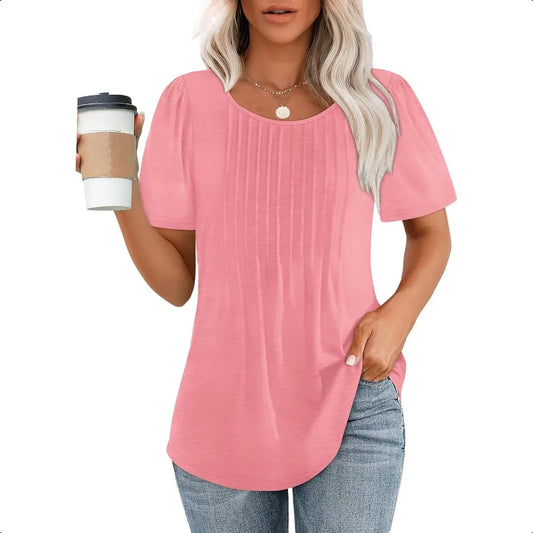 Women's T Shirts Short Sleeve Pleated Scooped Neck