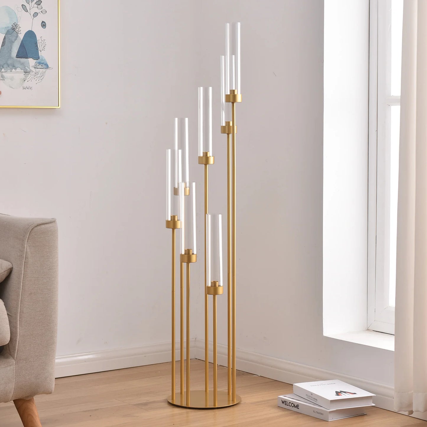 4 Sets, 7 Arms Floor Candelabra Wedding Centerpieces. Gold 48" Tall Metal Candlestick Holders with Acrylic Removable Lampshade