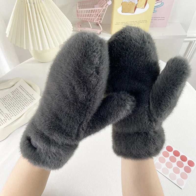 Imitation Rabbit Fur Mittens, Winter Gloves. Windproof Plush Thick, Warm Cashmere Soft Mittens