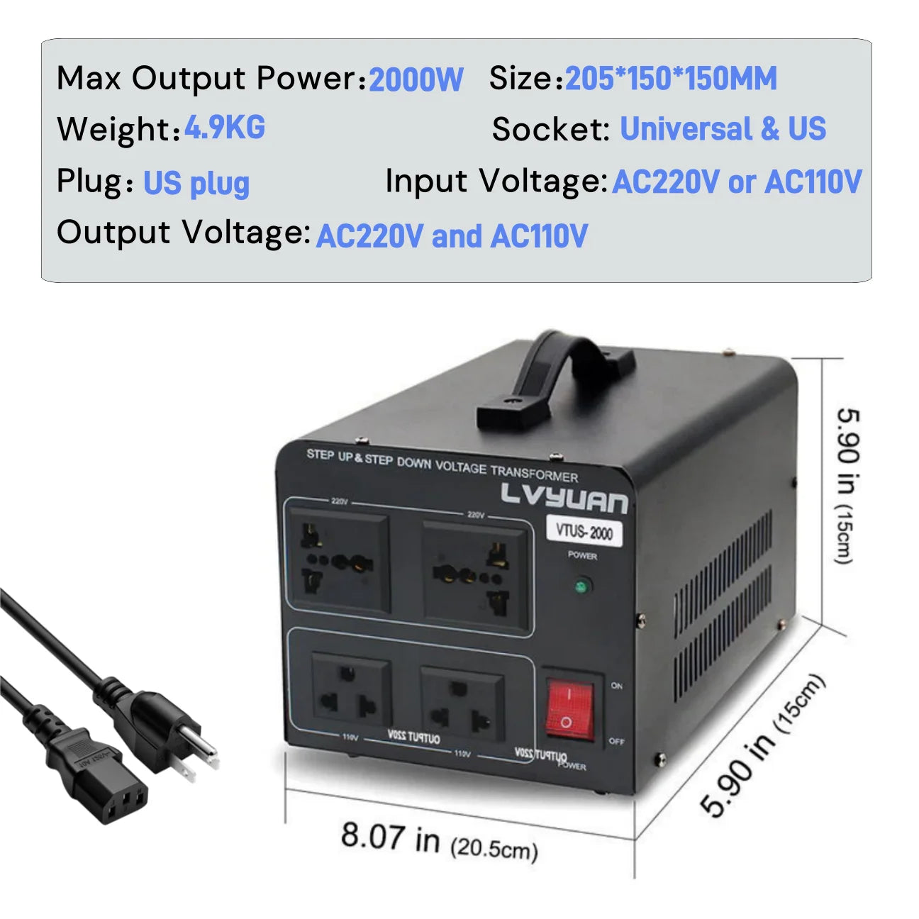 5000W/2000W Voltage Transformer 220V to 110V AC Voltage Converter home Power Supply US Socket/Plug Transfer