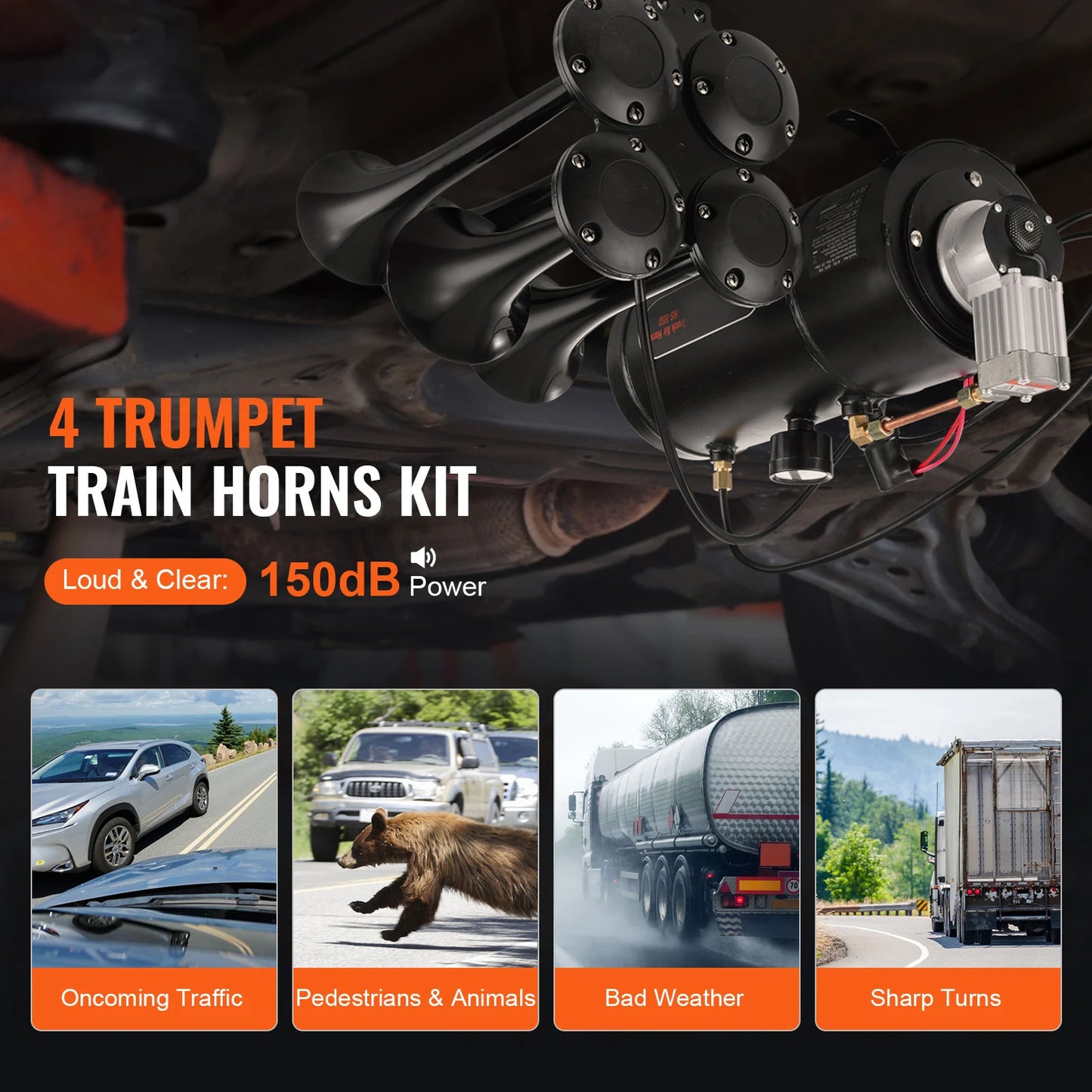 4 Trumpet Air Horn Kit, 150dB Train Horns for Pickup Trucks, RV, Boats. 12V 120 psi Air Compressor
