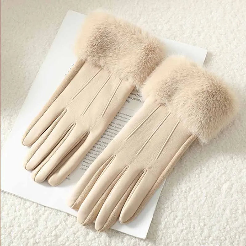 Winter Luxury Women's  Leather Gloves, Wrist Length Soft Faux Fur Trim Cuff