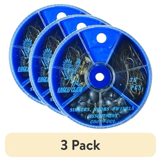 75pcs Hook, Swivel, Sinker Assortment 3 Pack. Baitholder Hooks, Split Shot Sinkers, Swivels. Fishing Tackle Box Essential