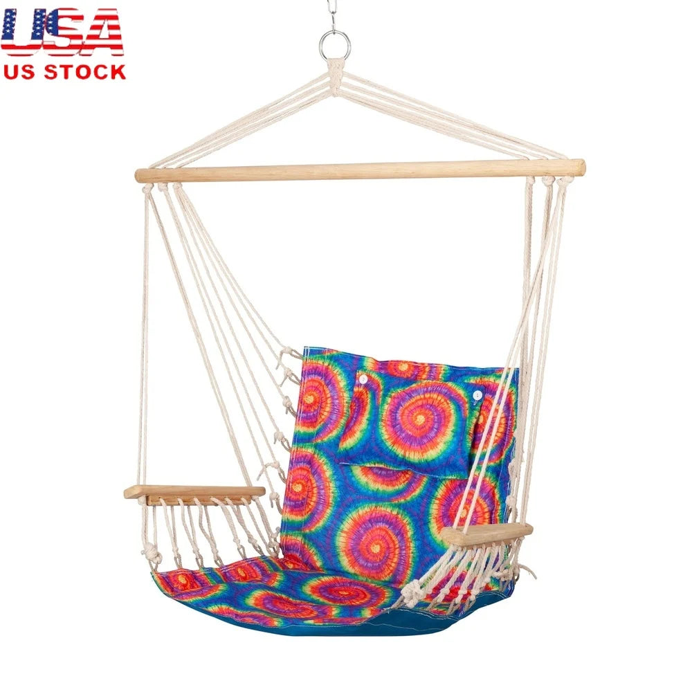 Hammock Chair with Pillow, Wooden Arms Durable Poly-Cotton Foldable Swing Indoor Outdoor Relaxation Support 275 lbs Capacity