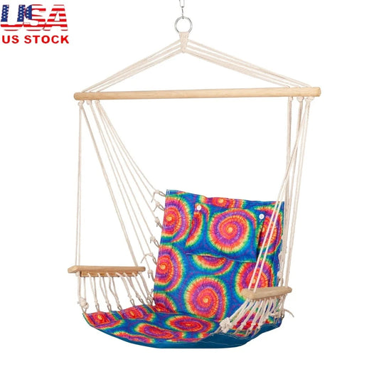 Hammock Chair with Pillow, Wooden Arms Durable Poly-Cotton Foldable Swing Indoor Outdoor Relaxation Support 275 lbs Capacity