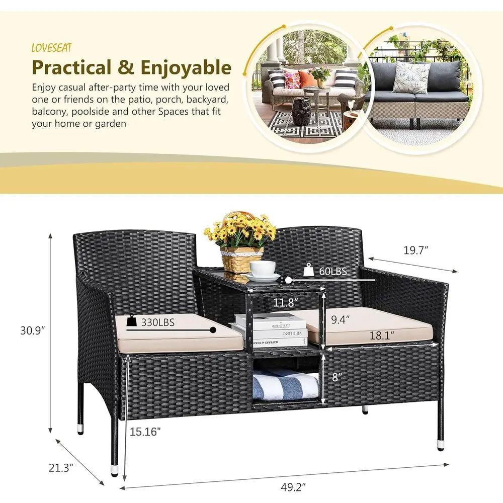 Outdoor Patio Loveseat, Modern Rattan 2Seat Patio Set with Cushions, Coffee Table