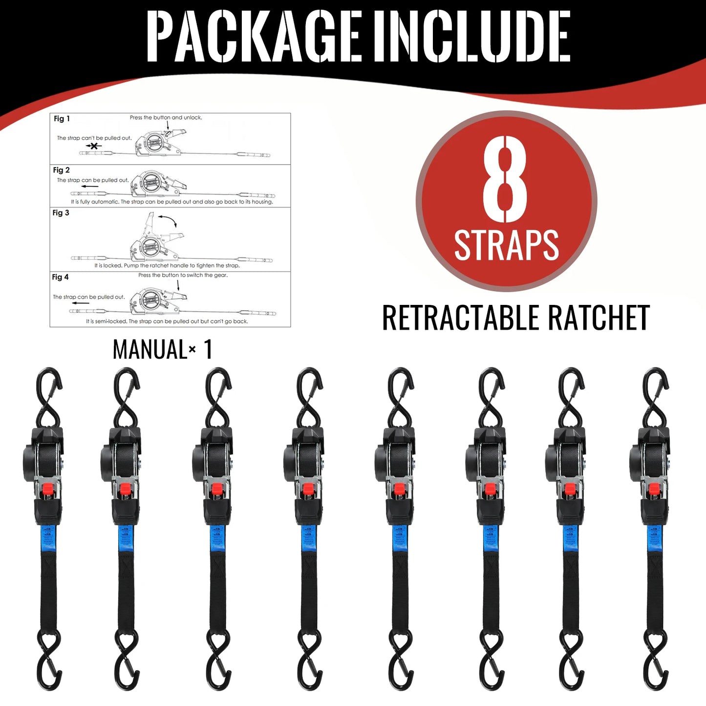 Automatic Ratchet Straps, 2/4/8Pcs, 3Mx25mm, Self-retracting Ratchet Straps with S-hooks 748Kg Breaking Strength Tie-down Straps
