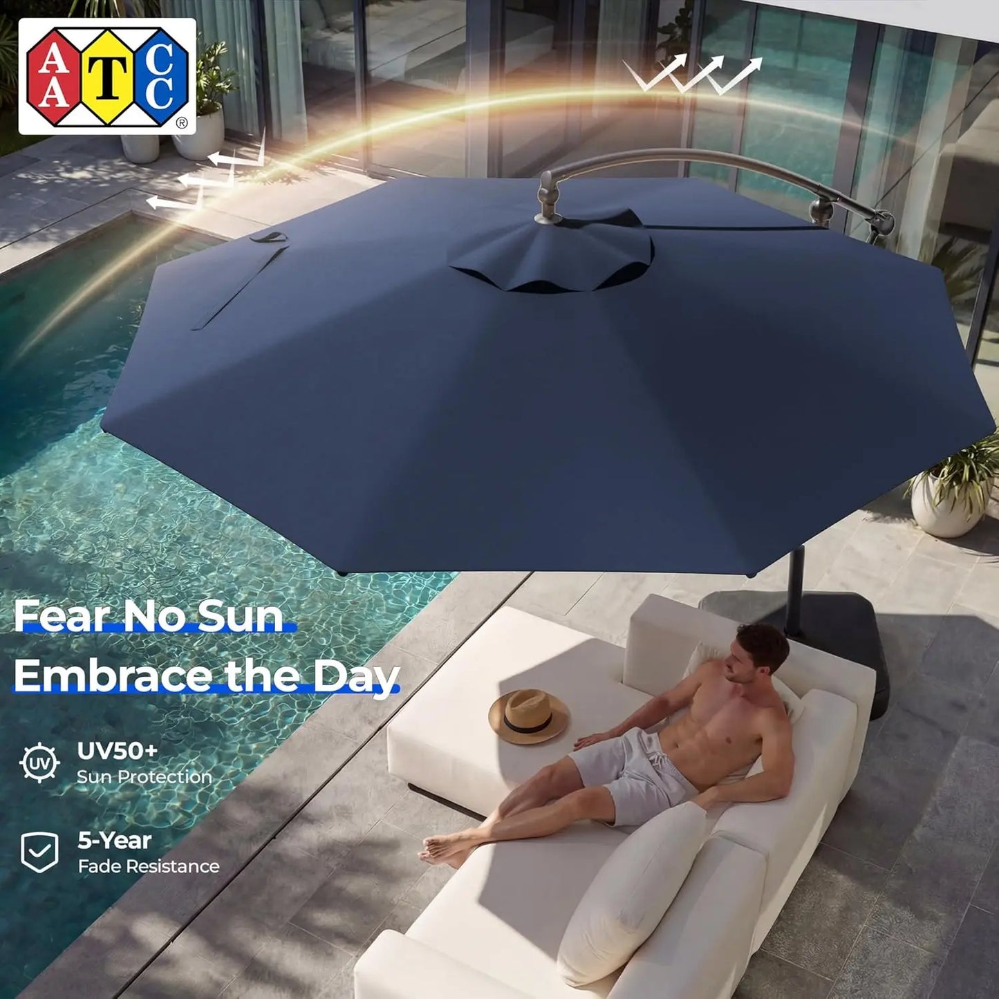 10ft Offset Patio Umbrella - w/Base, Cantilever Offset Hanging Patio Outdoor Umbrella. UPF50+ UV Protection
