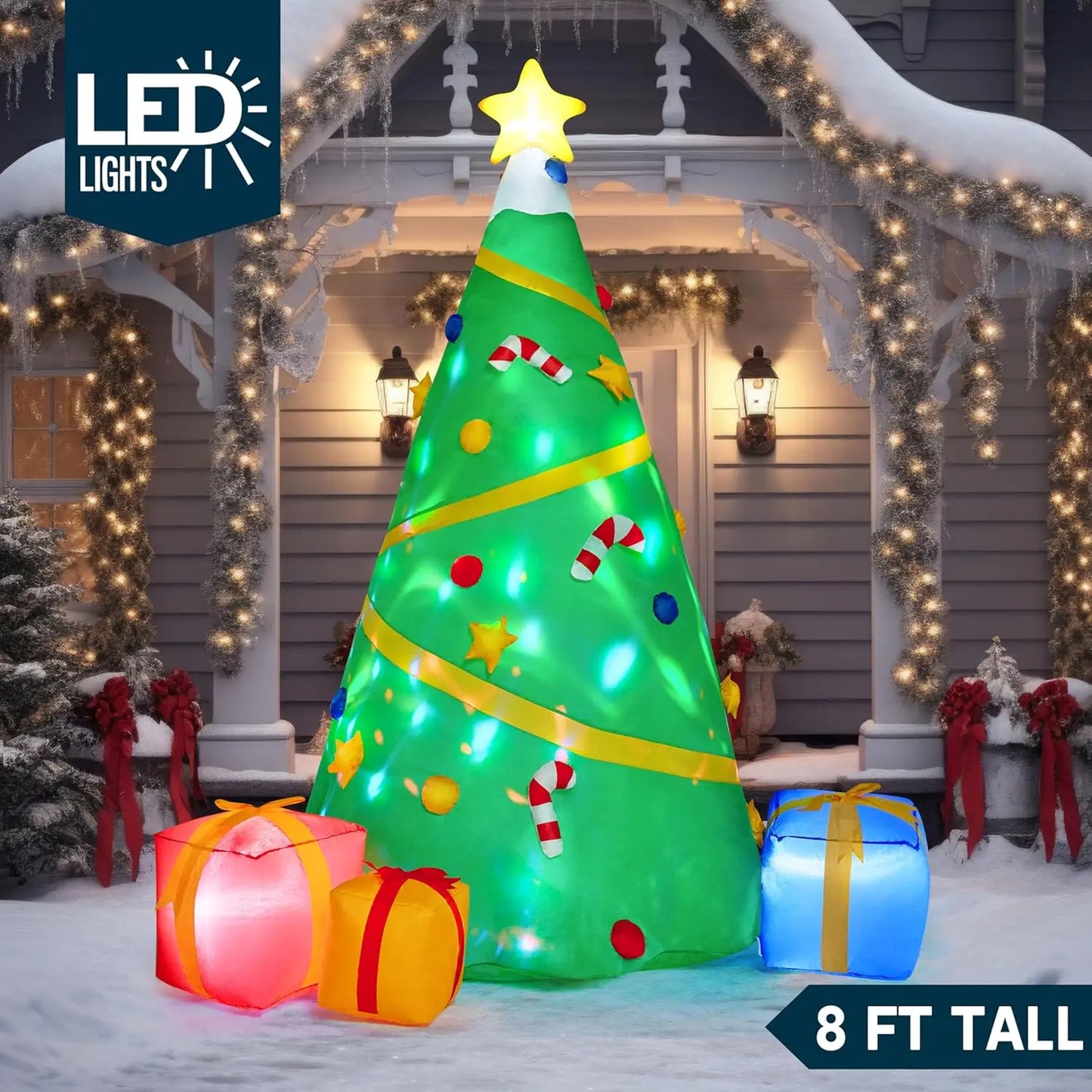 8 FT Inflatable Christmas Tree, Decoration Lighted Giant Christmas Tree with Build-in Projection
