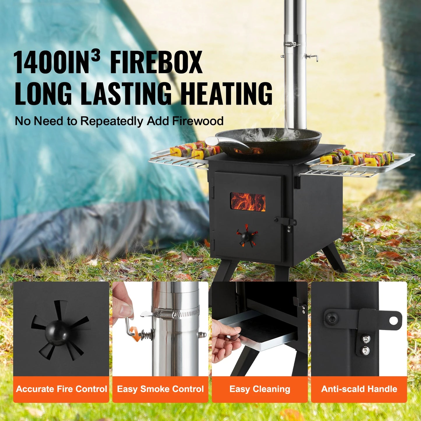 Wood Stove 86in Alloy Steel Camping Tent Stove, Portable Wood Burning Stove with Chimney Pipes & Gloves