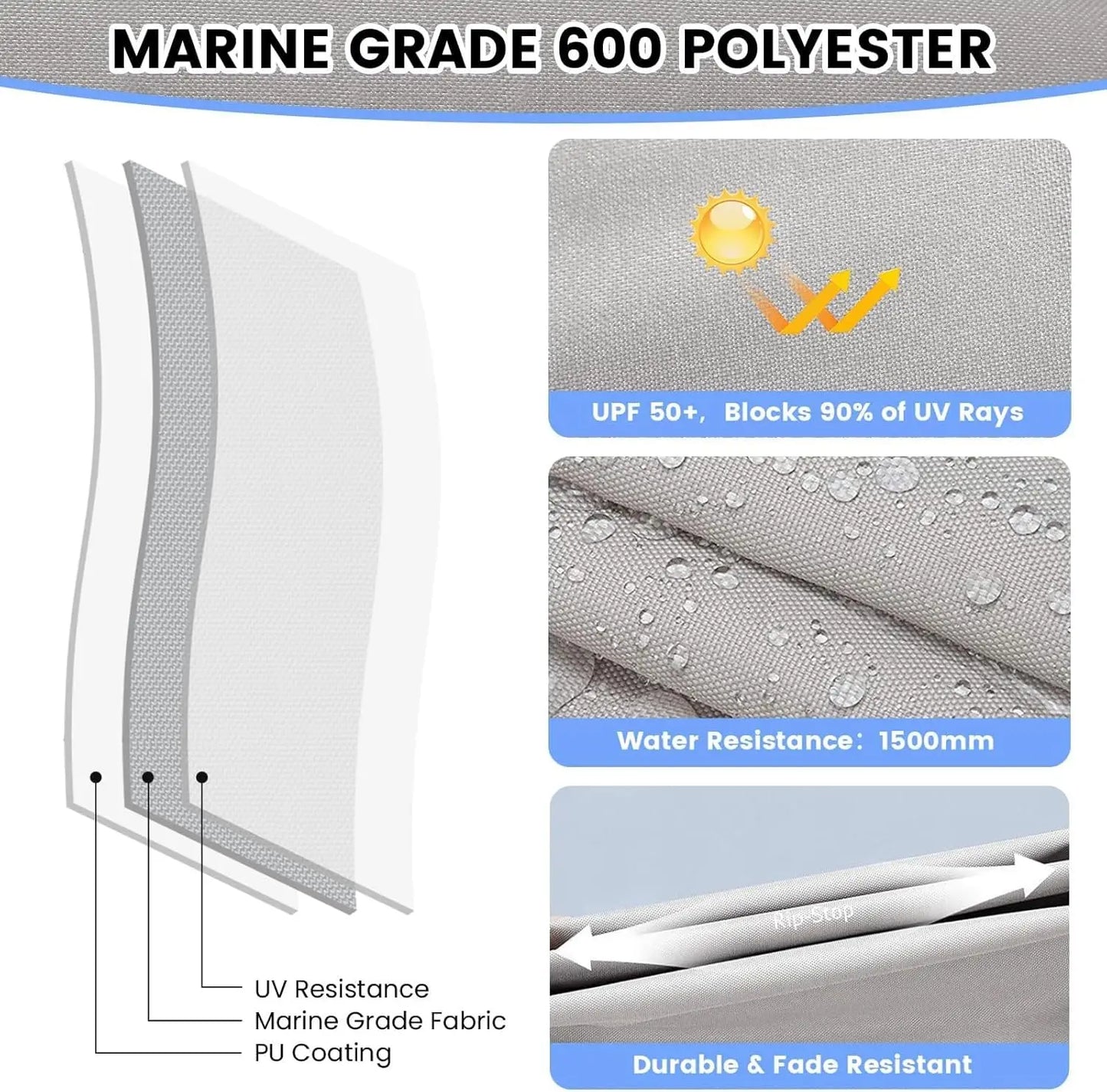 Adjustable Rear Support Poles 3 Bow Bimini Tops with Mesh Sidewalls for Boats Waterproof Marine Grade Canvas Easy Installation