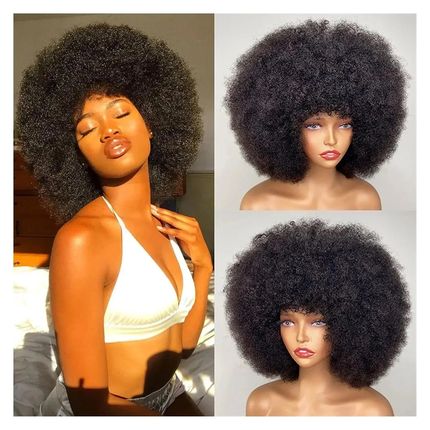 Glue less Afro Kinky Curly Wig, Human Hair, Short Fluffy Curly Wig, Pixie Cut Afro